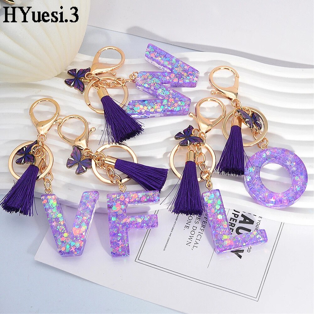 Glitter 26 Initials Name Keychain Purple Color Sequin Filled Letter Key Ring With Tassel Butterfly For Women Backpack Bag Decor. 