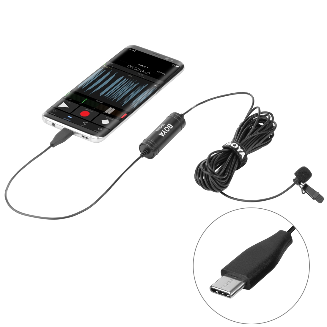 New- BOYA BY-DM2 USB-C / Type-C Broadcast Lavalier Condenser Microphone with Windscreen for Android Phones / s (Black)