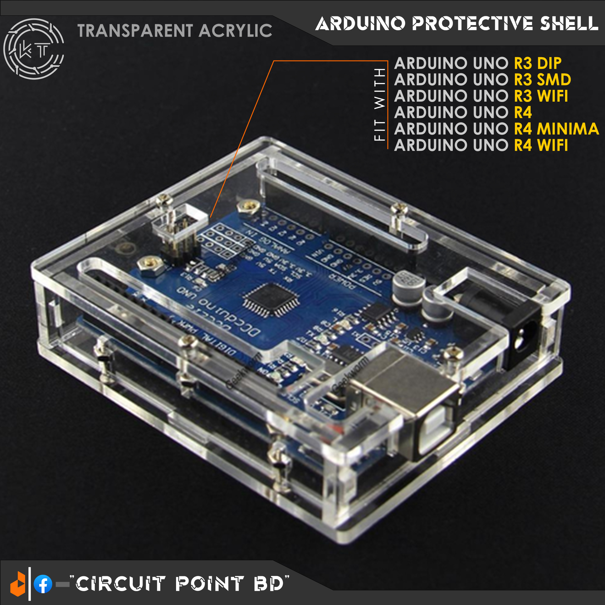 ARDUINO CASE PROTECTIVE ENCLOSURE SHELL 3D TRANSPARENT / CLEAR ACRYLIC BOX. SUITABLE FOR ARDUINO UNO R3 DIP/SMD/WIFI, UNO R4 WIFI/MINIMA, WEMOS D1.