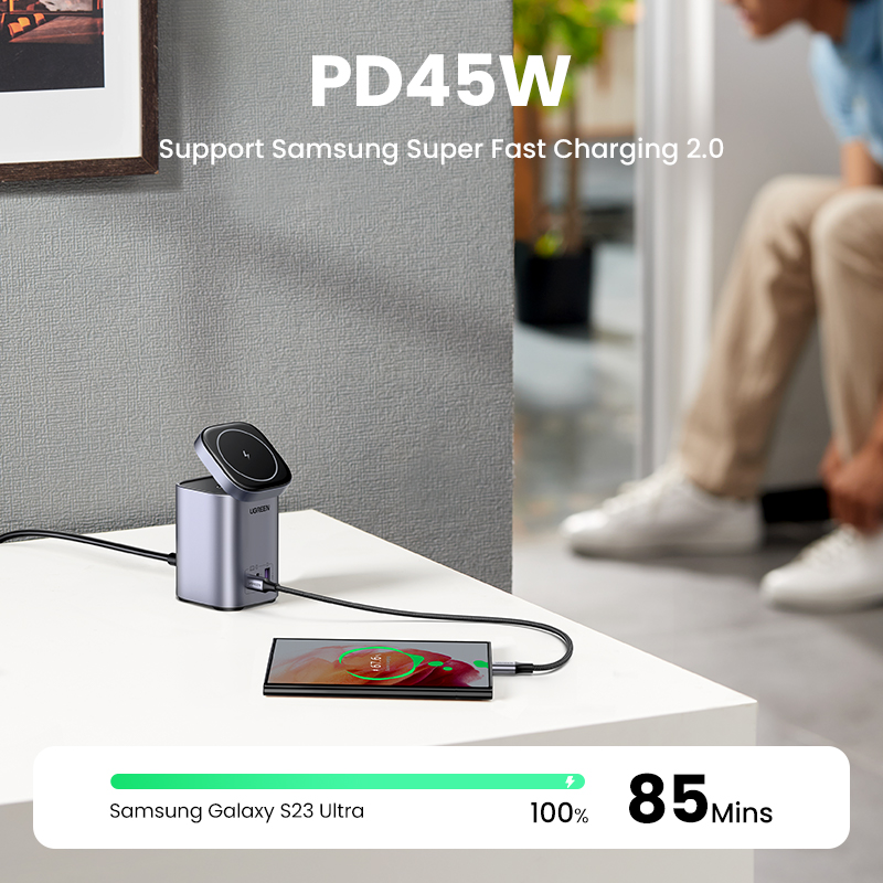 UGREEN Nexode 100W USB C Charger with MagSafe 15W Wireless Charger Stand, 4in1 GaN Desktop Charging Station for MacBook Pro/Air M2, iPhone 14 Pro Max/13, iPad, Dell XPS, Galaxy S23. 