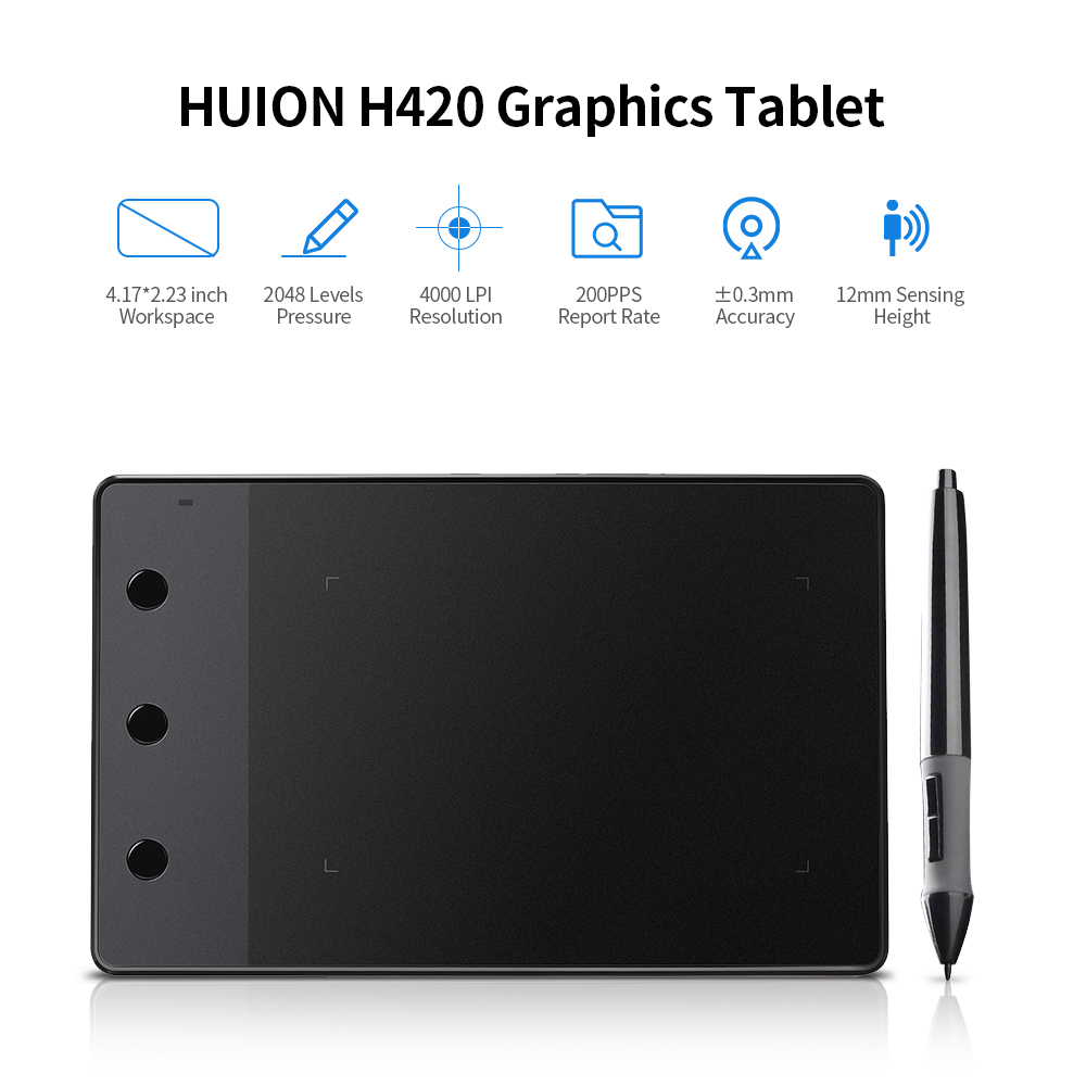 HXSJ Huion H420 Professional Graphics Drawing Tablet with 3 Shortcut Keys 2048 Levels Pressure Sensitivity 4000LPI Pen Resolution. 