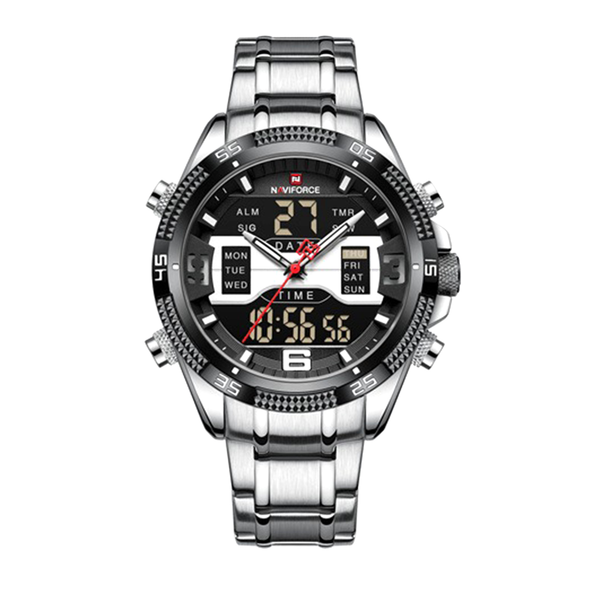 NAVIFORCE NF9201S Silver Stainless Steel Dual Time Watch For Men - Black & Silver
