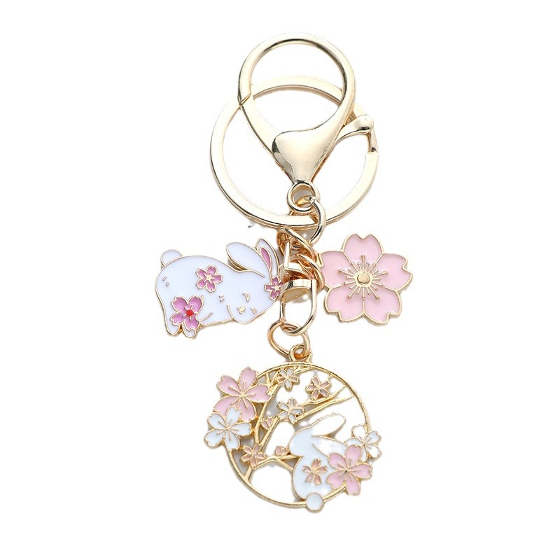 Enamel Finish Rabbit Keychain Decorative Purple Korean Fashion Enamel Keychain Pink 10*4*1cm Cherry Blossom Keychain for Daily. 