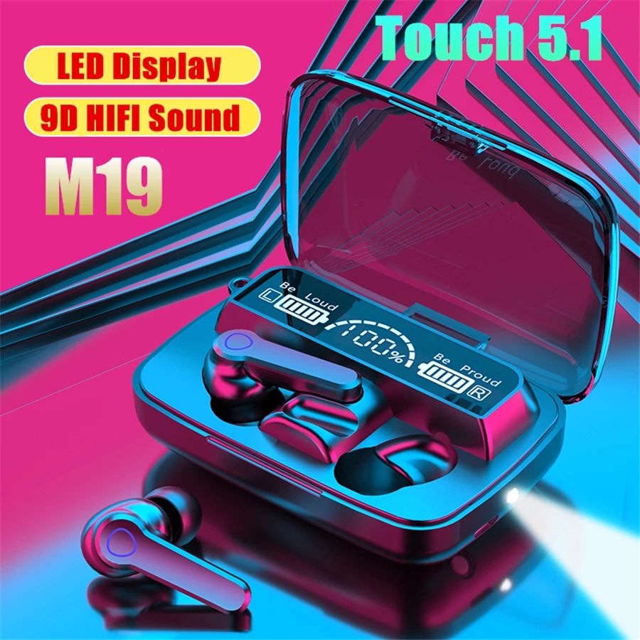 M19 Earbuds TWS Earphone Touch Control Wireless Bluetooth 5.1 Headphones With Microphone With flashlight - Black - Bluetooth Headphone - Bluetooth Headphone. 