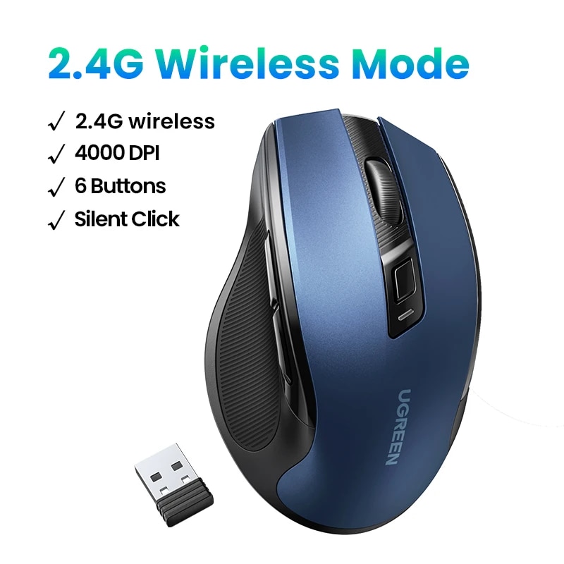 UGREEN Mouse Wireless Ergonomic Mouse 2.4GHz 4000 DPI Silent 6 Buttons For MacBook Tablet Laptop PC Mute Mice Quiet 2.4G Mouse. 