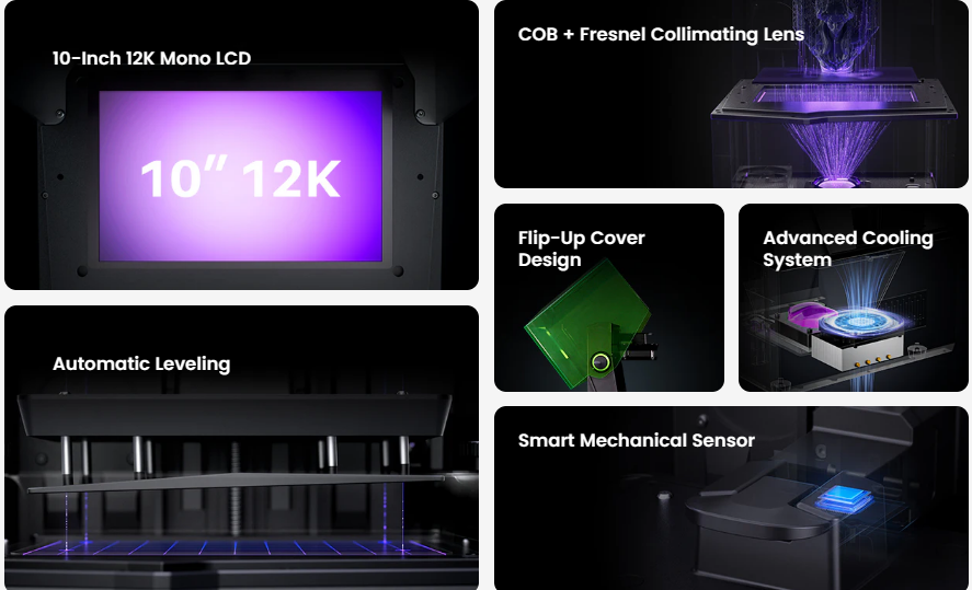 ELEGOO Saturn 4 10-inch 12K Mono LCD Auto Leveling Advanced Cooling System Smart Mechanical Sensor ELEGOO LCD 3D printer. 
