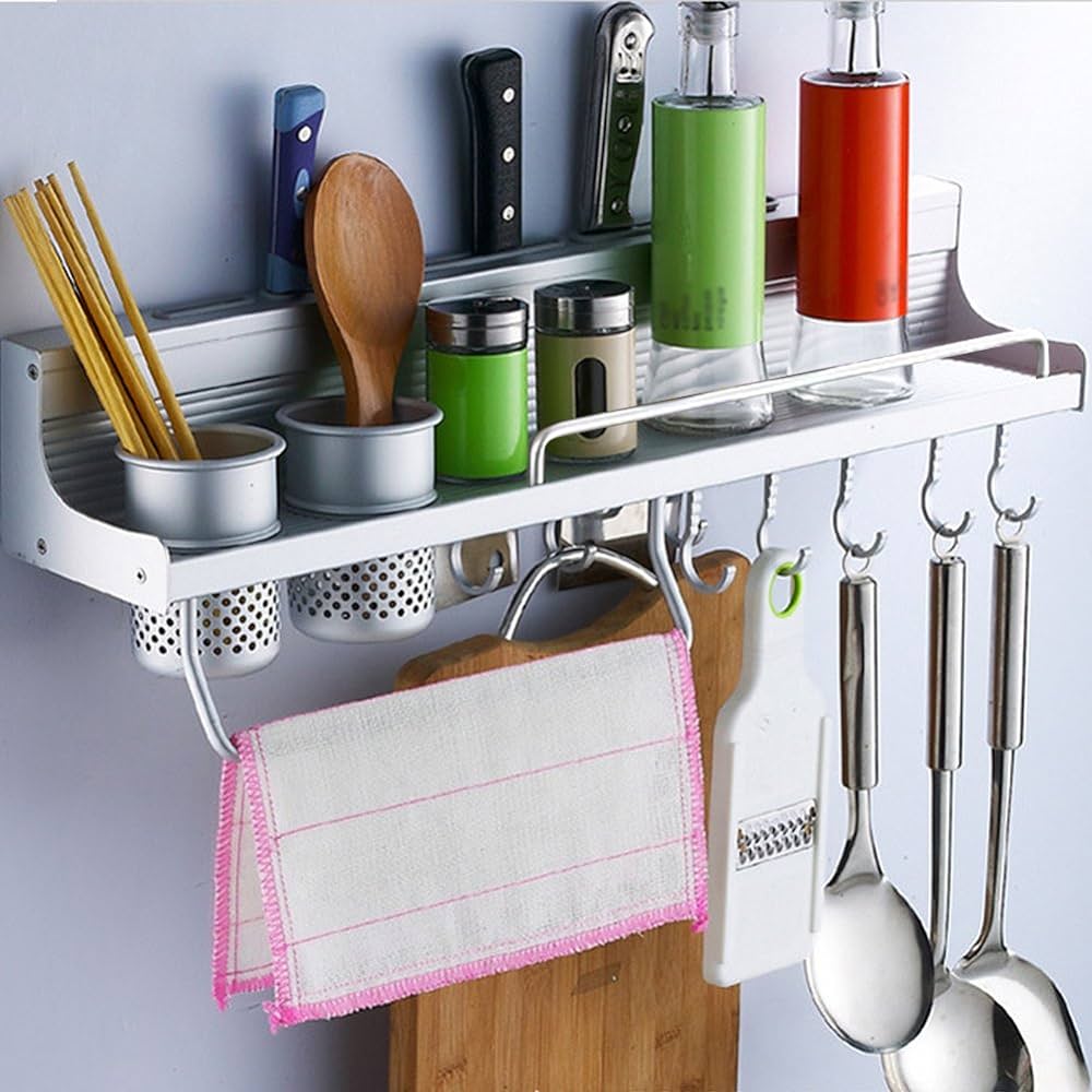 Aluminium Multifunctional Wall Hanging Storage Stand kitchen utensils wall mounted kitchen organizer rack included Spice Rack and Ladle Tools Spoon Kitchen Clothes Hangers Towel Rack and other gadgets. 