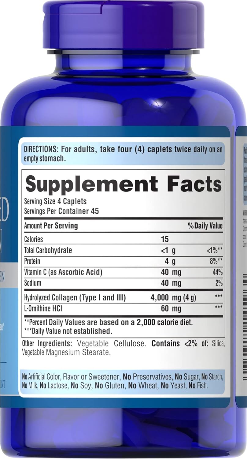 Puritan's Pride Hydrolyzed Collagen Pro-Structural Protein for Men and Women 1000mg, Dietary Supplement for Skin, Bones and Joints, 180 Caplets. 