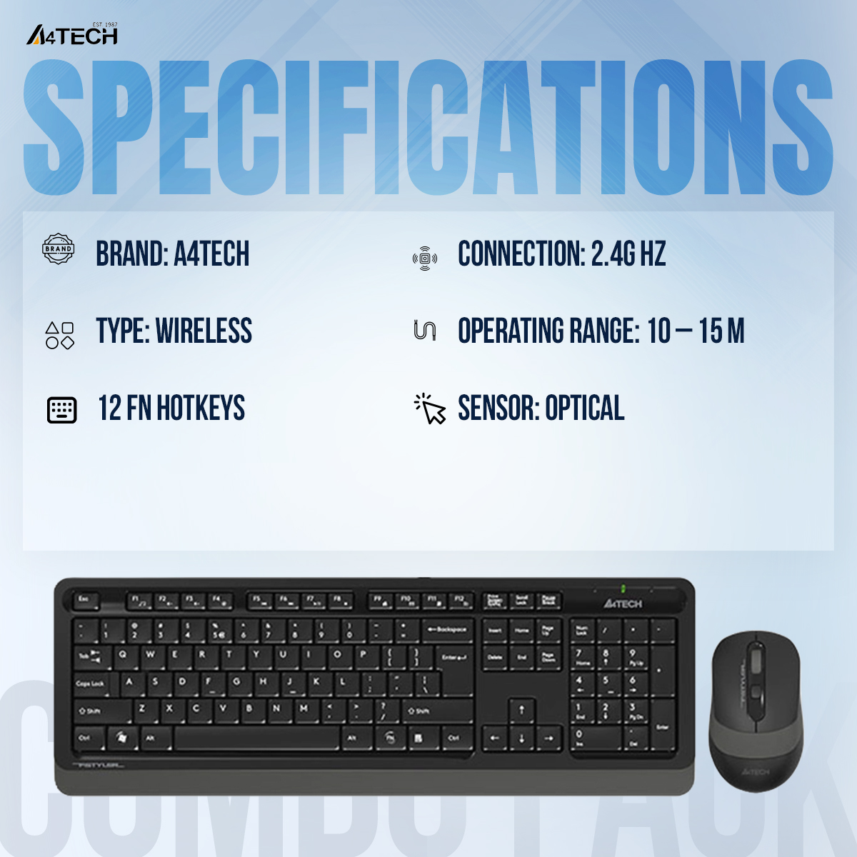 A4TECH Fstyler FG1010 Wireless Keyboard And Mouse Combo - 2.4 GHz Wireless - Sleek Round-Square Keycaps - 1000/1600/2000 DPI - Grey/Blue/Orange. 