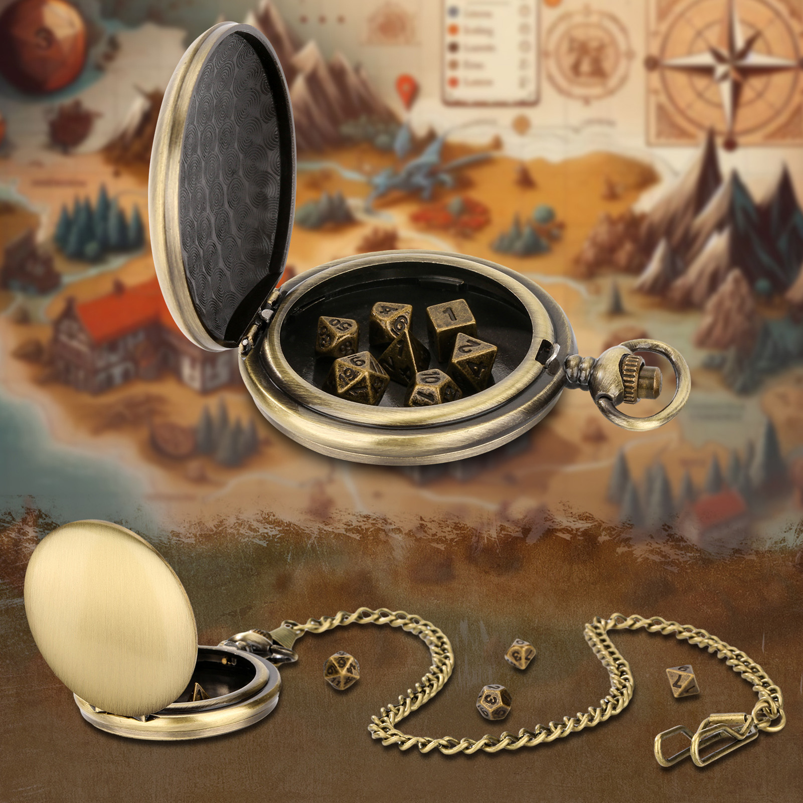 Quasar Metal Dice Set Steampunk Gear Pocket Watch Dice Set Vintage Metal Polyhedral Dnd Dice with Chain Board Game Accessories Collectible Dice Set. 