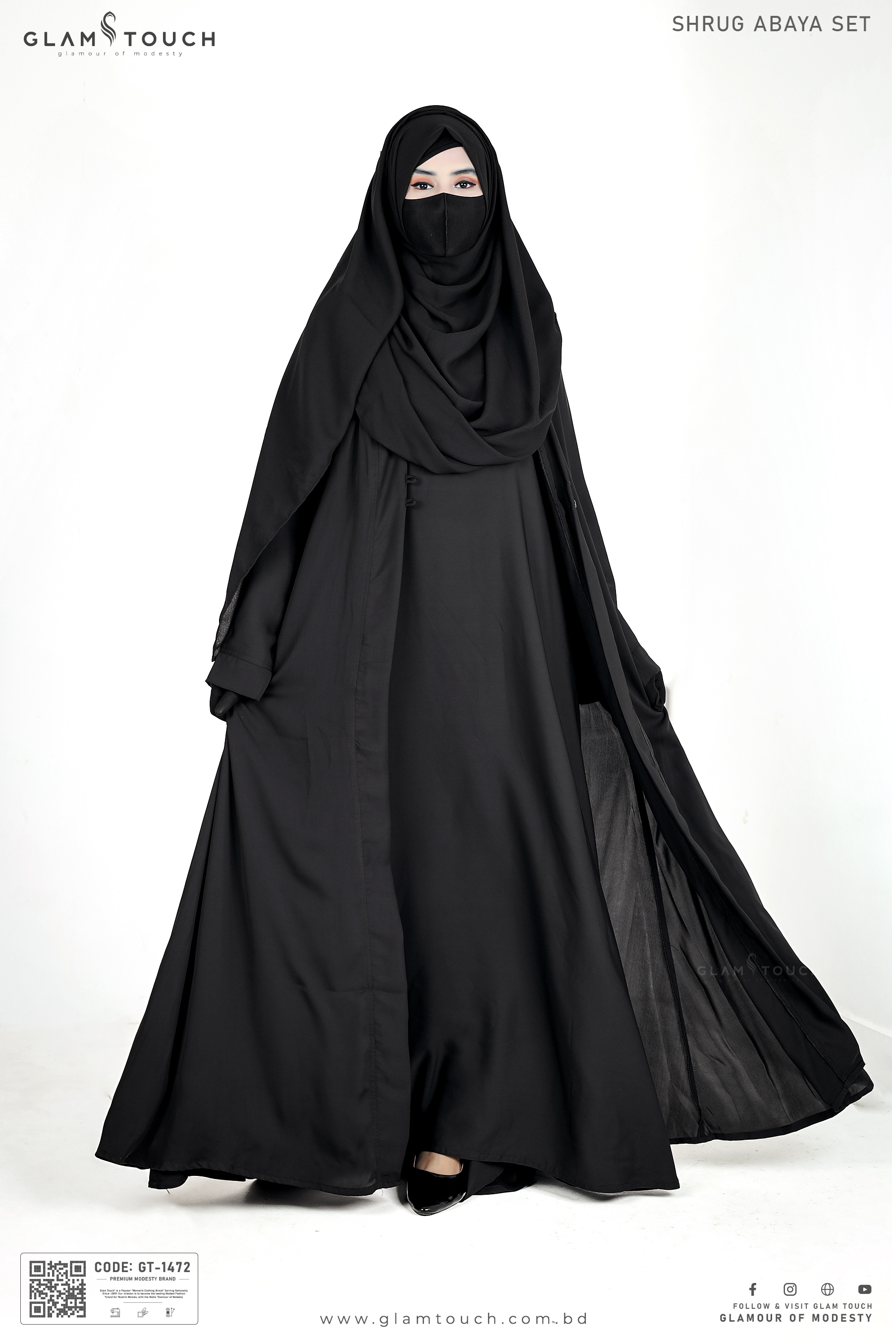 Glam Touch High Quality Solid SHRUG ABAYA SET(Gown + Koti/Kimono + Matching Hijab) Made With Premium Dubai Cherry Fabric for Muslim Women. 