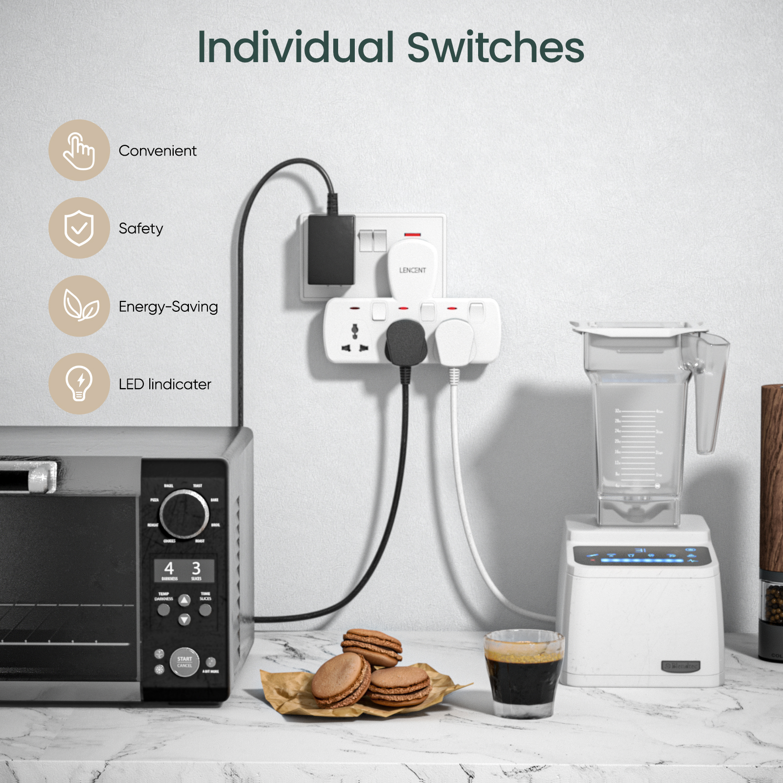 Lencent 3 in 1 Universal Plug Extension Wall Plug with Individual Switches, 3 Outlets, Multi Plug Outlet, Power Plug Adapter, Multiple Socket Charger Extension for Home, Office, Travel. 