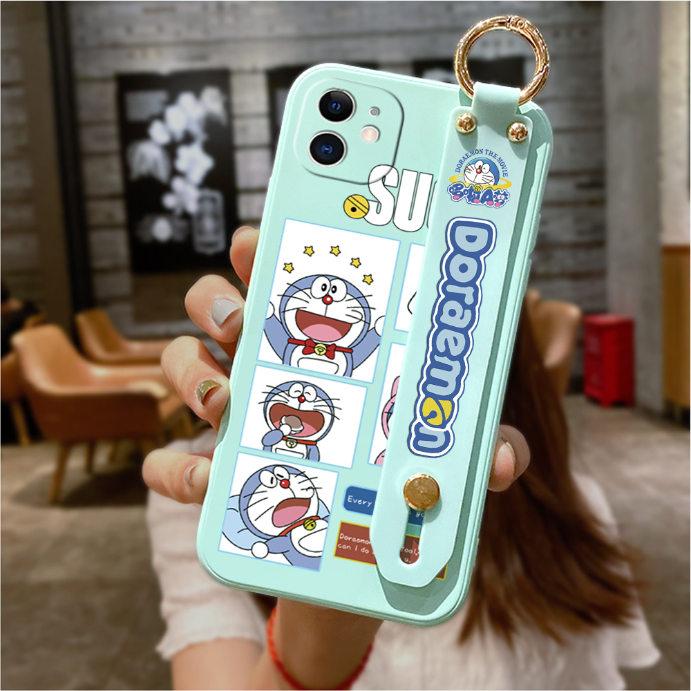 Hontinga for OPPO A18 A38 Back Cover Wrist Strap Cute Doraemon Phone Case Square Liquid Silicone Mobile Cover. 