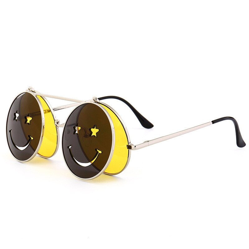 【happy one】C5Creative Flip-top Steampunk Sunglasses Women Men Shades Smiley Eyewear Fashion Showing Glasses Gifts. 