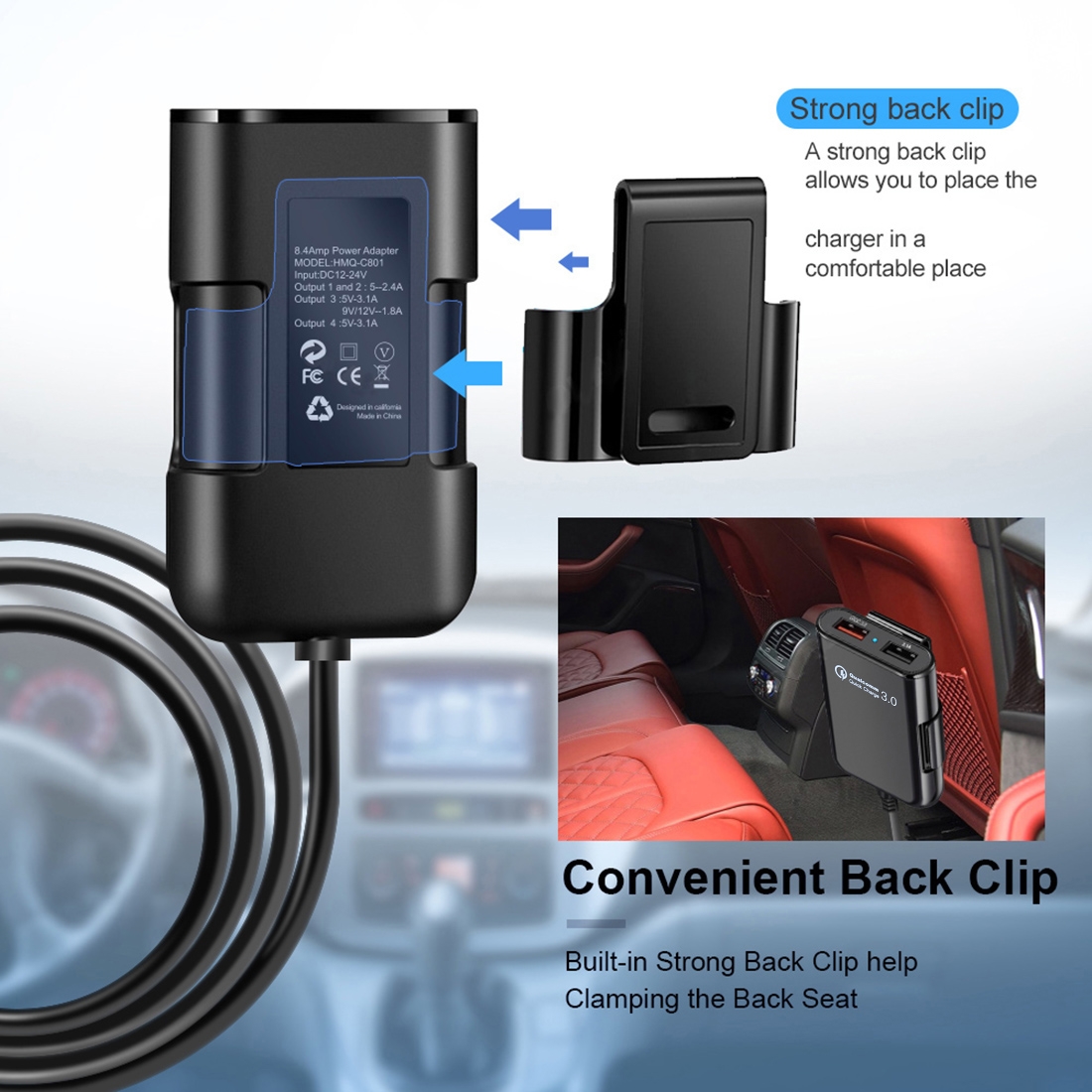 (New)HMQ-C801 1.8m 8A Max 4 Ports USB Car Charger with Extending USB HUB for Front y Back Seat Charging. 