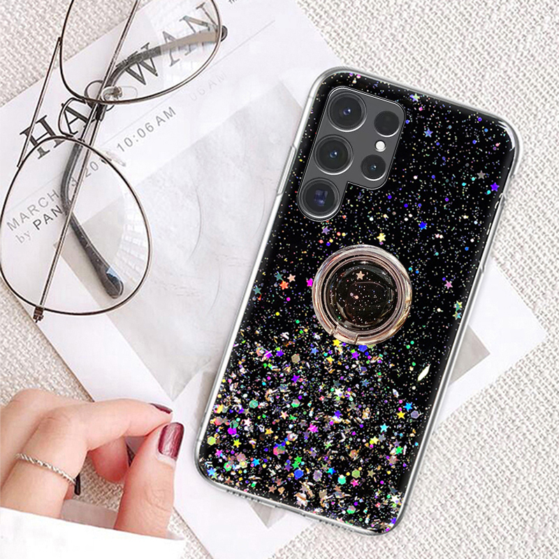 Phone Case for Samsung Galaxy S24 Back Cover Glitter Starry Sky Bling Ring Lanyard Shiny Transparent Holder Stand Girls Soft Cover For Samsung Galaxy S24 Ultra Plus Cover Cases