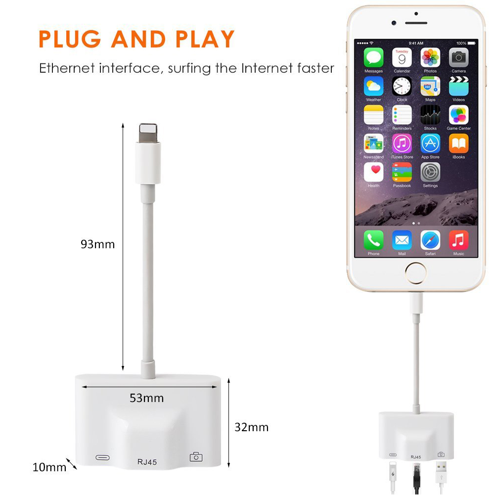 Lightning to RJ45 Ethernet Adapter LAN Wired Network Cable USB Camera Reader Adapter with Charing Port. 
