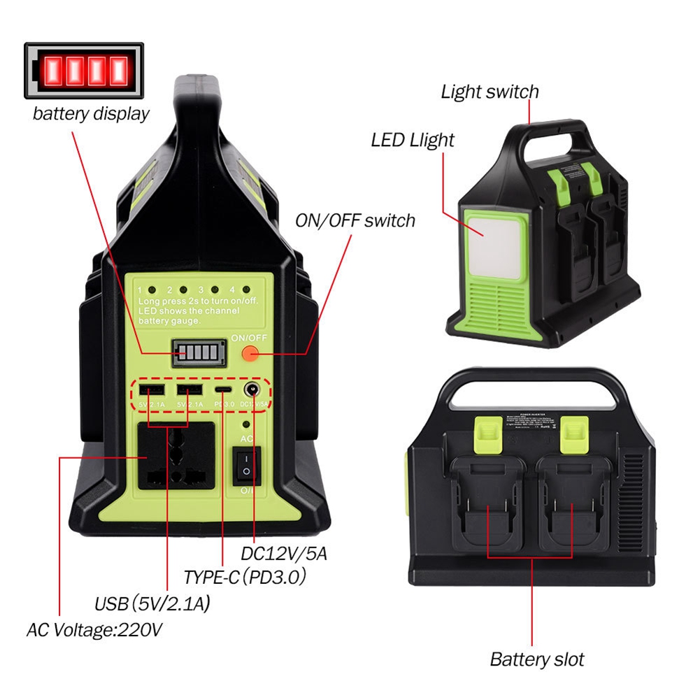 1 PCS to AC 220V USB PD3.0 Tpye-C Power Bank Converter 300W Converter with Light for 18V Battery. 