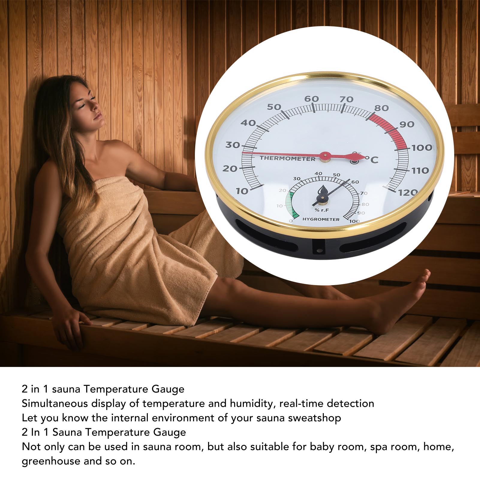 Sauna Thermometer Hygrometer Wall Mounted 10 To 120 degrees Celsius Multipurpose 2 in 1 Simultaneous Display Sauna Temperature Gauge for Home. 