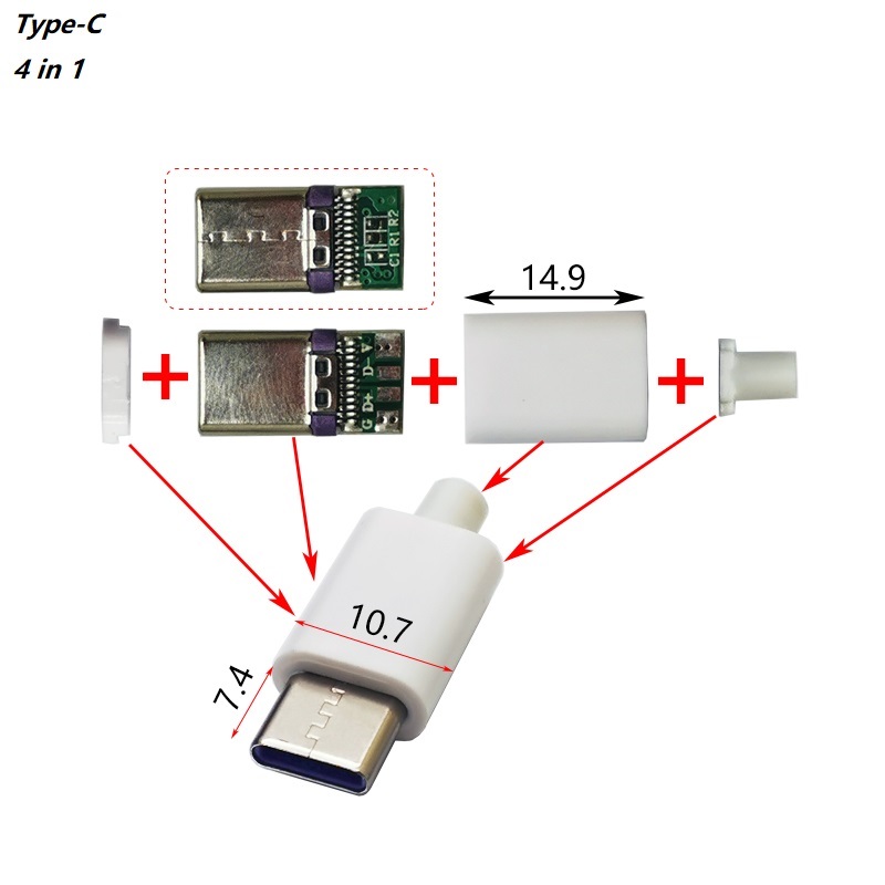 5Sets DIY USB 2.0 Type C Male Jack (4 in 1) USB 2.0 cheerfulAssemble With Plastic Cover Charging Socket Dia.3.2mm. 