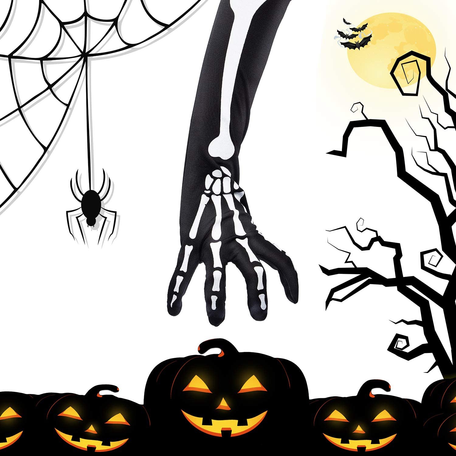 2 Pairs Halloween Skeleton Gloves with Skeleton Arm Sleeve Gloves. 