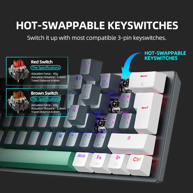 MACHENIKE K500-B61W Wireless Mechanical Keyboard 60% ANSI Layout Hot-swappable Tri-mode RGB Wireless Gaming Keyboard For Gamer. 