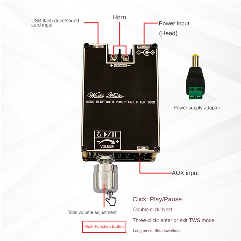 Mono 100W Bluetooth Audio Amplifier Board with TWS Box Function Audio Module DC7-24V ZK-1001B. 