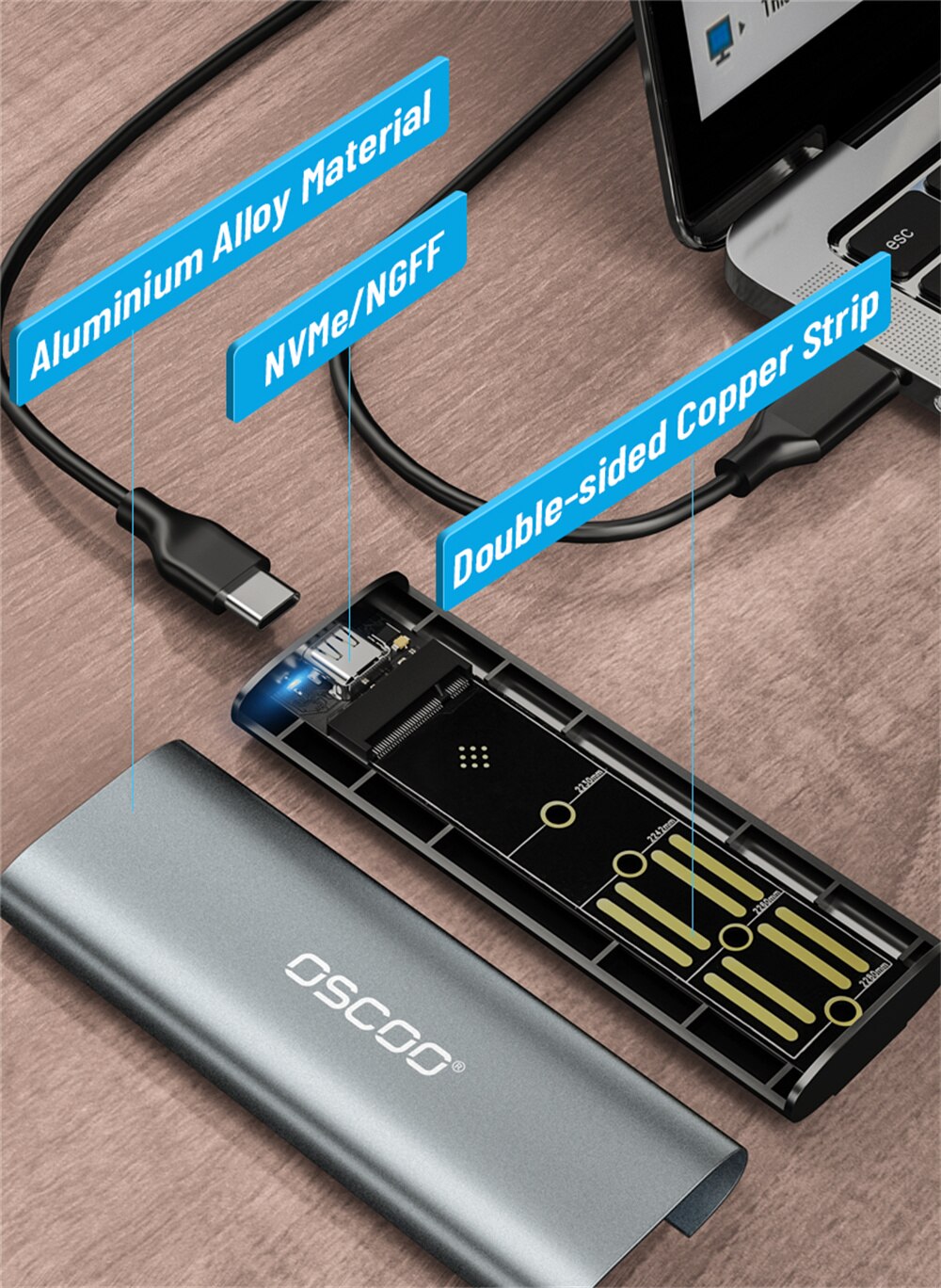 OSCOO SSD Case M.2 NVMe Case Enclosure USB C PCIe M2 SSD Caddy Type C 3.1 Gen2 M+B M-Key Case Adapter. 