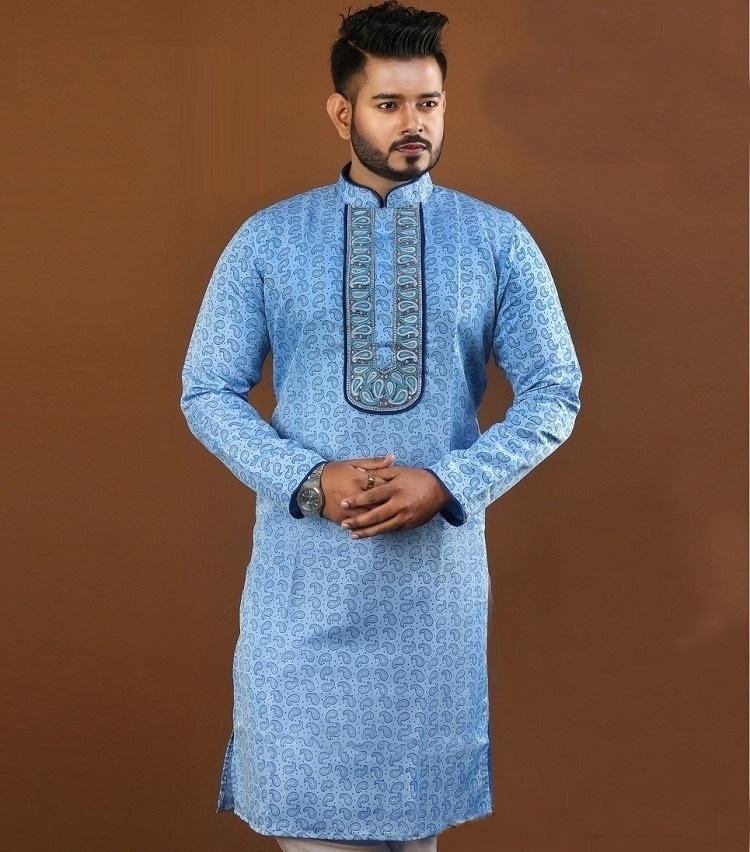 Sky Blue Cotton Semi Long Panjabi For Men Buy Online At Best