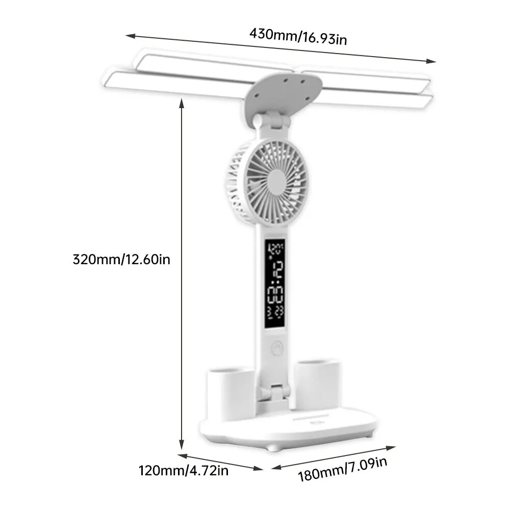 3 in 1 Folding Table Lamp with Fan Clock Calendar Rechargeable Reading Lamp Touch Dimming Night Light Eye Protection Desk Light. 