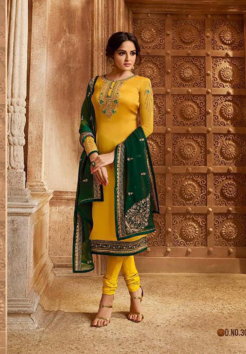 Yellow and Green Georgette Embroidery 