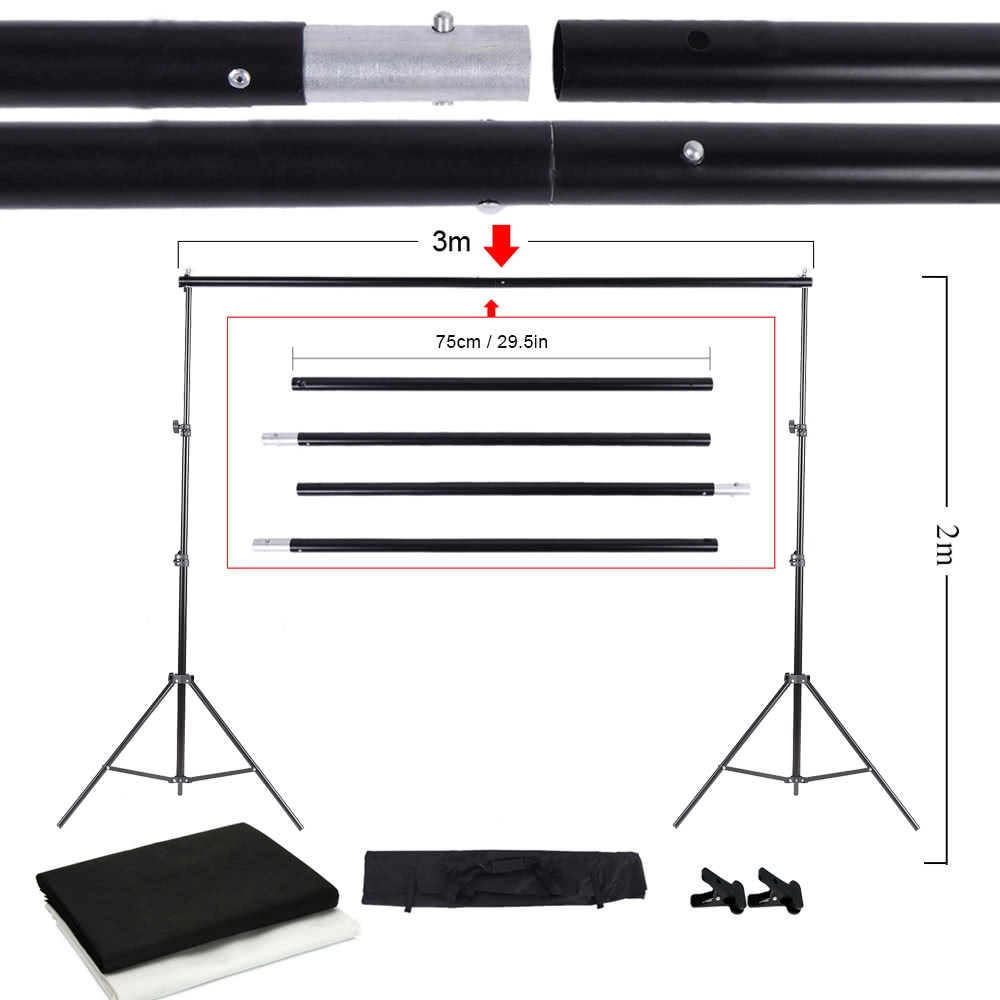 Photo Studio Kit Set Backdrop Stand with Storage Bag Black White Nonwoven Backdrops and Mini Clips - all new