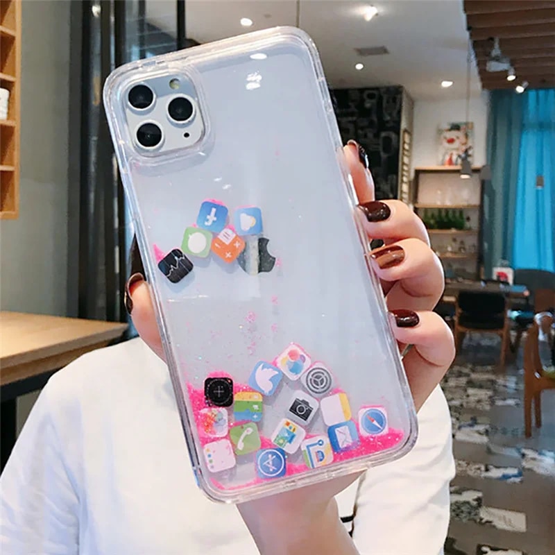 Dynamic Quicksand phone Case for iphone 14 13 12 11 Pro Max 6s 7 8 Plus X XR XS Max SE Cute Apps Icon Liquid Glitter Clear Cover. 