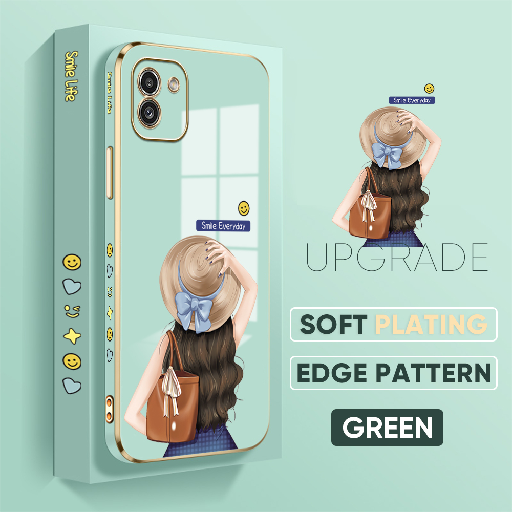 Jizetin (Free Lanyard) for Samsung Galaxy A03 Back Cover Girl In Hat Luxury 6D Plating Case Side Pattern Soft Silicone Square Mobile Phone Cases