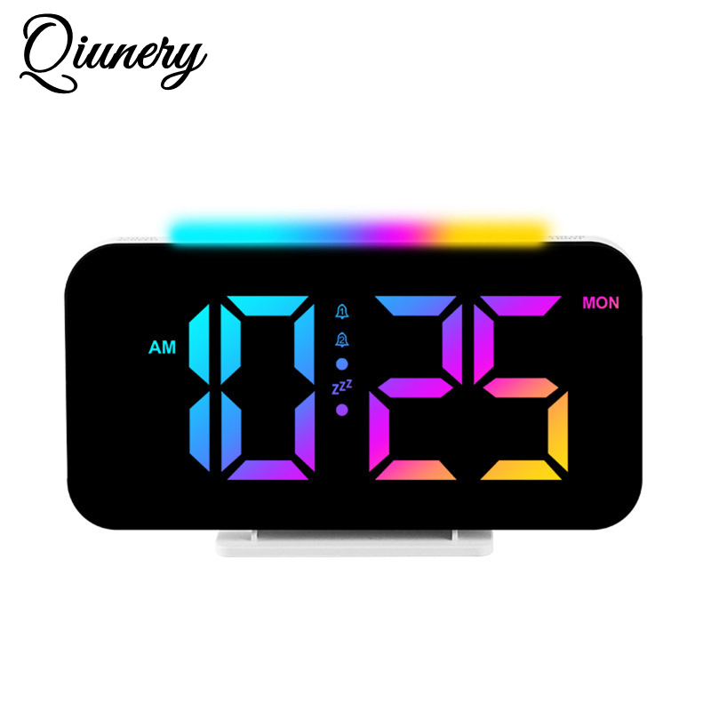 Qiunery Desk Digital Clock RGB Display Alarm Clock With Ambient Lighting Night Lamp Electronic LED Time Display USB Powered Electronic Desktop Clocks For Bedroom Bedside Offices