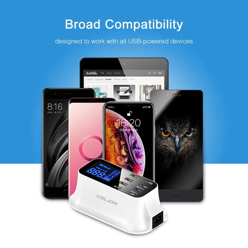 USLION 8 Port USB Charger HUB Quick Charge 3.0 LED Display Multi USB Charging Station Mobile Phone Desktop Wall Home EU Plug. 