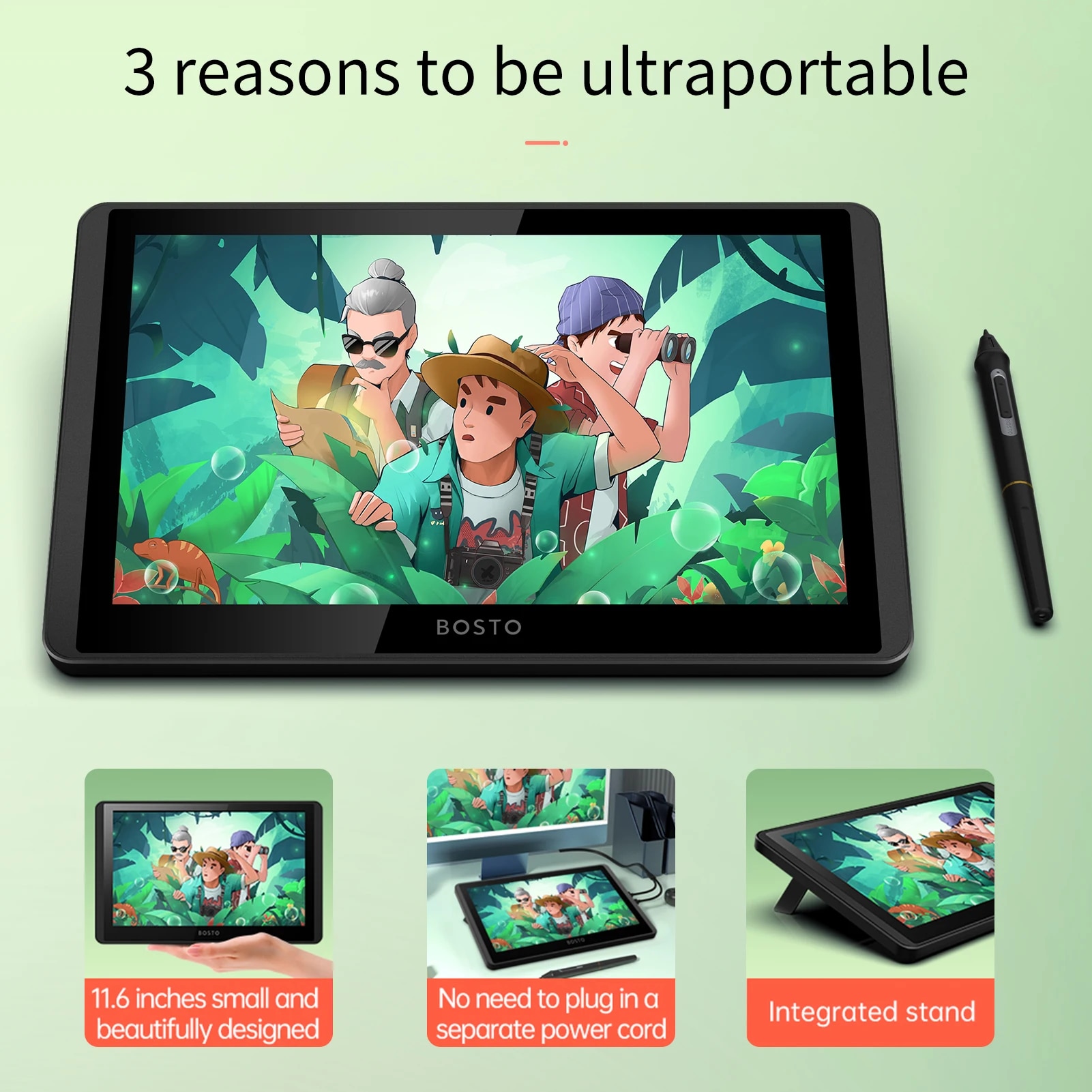 BOSTO 12HD-A H-IPS LCD Graphics Drawing Tablet Monitor 11.6 Inch Size 1366x768 Display 8192 Pressure Level Support Windows MacOS. 