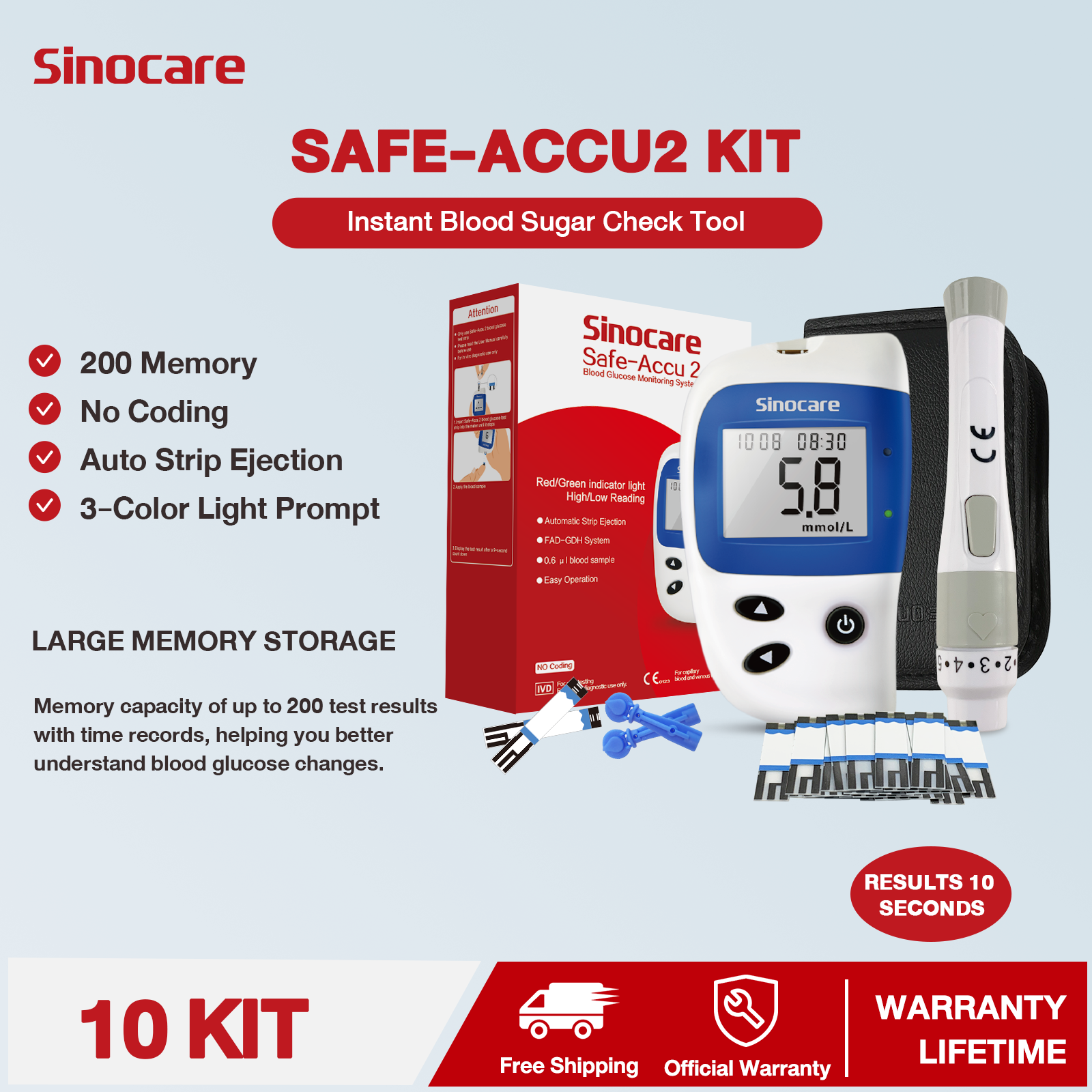 Sinocare Diabetes Test Kit, Blood Glucose Monitor, Safe-Accu2 Blood Sugar Testing Kit with Strips x 10 in mmol/L