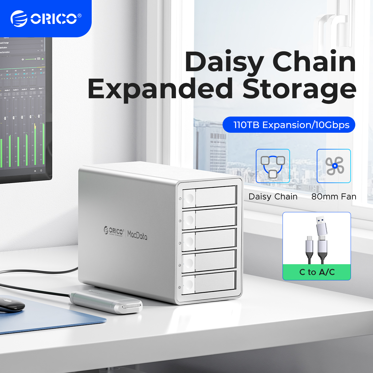 ORICO 3.5" Daisy Chain Type-C 10Gbps HDD Docking Station Support RAID 150W Power for Apple device 5Bay DAS Studio Series