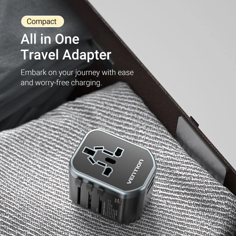 Vention FJCB0 3-Port USB (C + A + A) Universal Travel Adapter (20W/18W/18W) - Black - Universal Travel Adapter - Fast Charging for All Three Ports. 