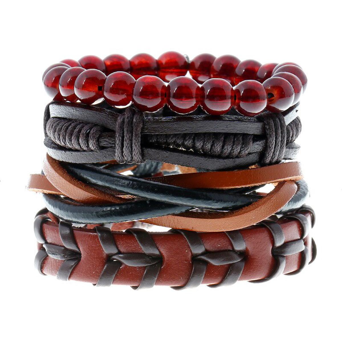 Jessingshow 4pcs/set Gypsy Hippie Punk Style Light Dark Brown Beads Wrap Leather Cord Layers Stackable Bracelets Bangle Man Set