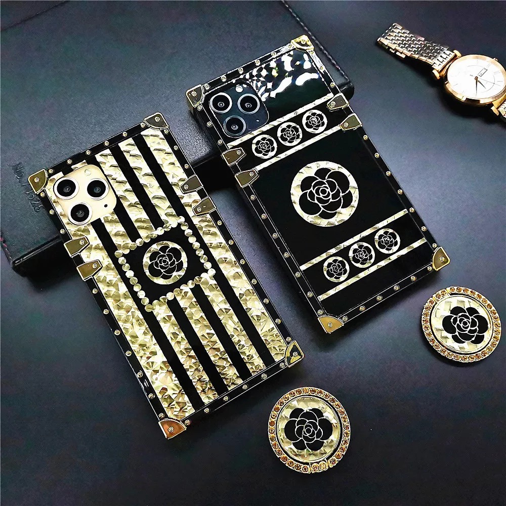 iPhone 12 pro max Luxury soft phone case with golden ghost flower ring for iPhone, compatible models. 