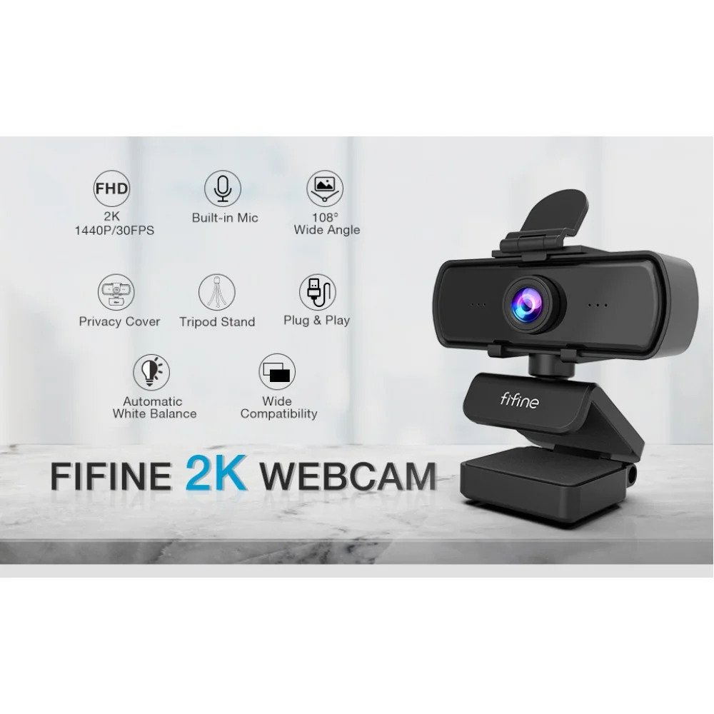 Fifine K420 Webcam 1440P, 2K Web Camera with Privacy Cover & Tripod for Laptop Desktop, Plug & Play 4MP HD USB Webcam with Built-in Mic for Live Streaming, Zoom Meeting, Online Class, Video Calling