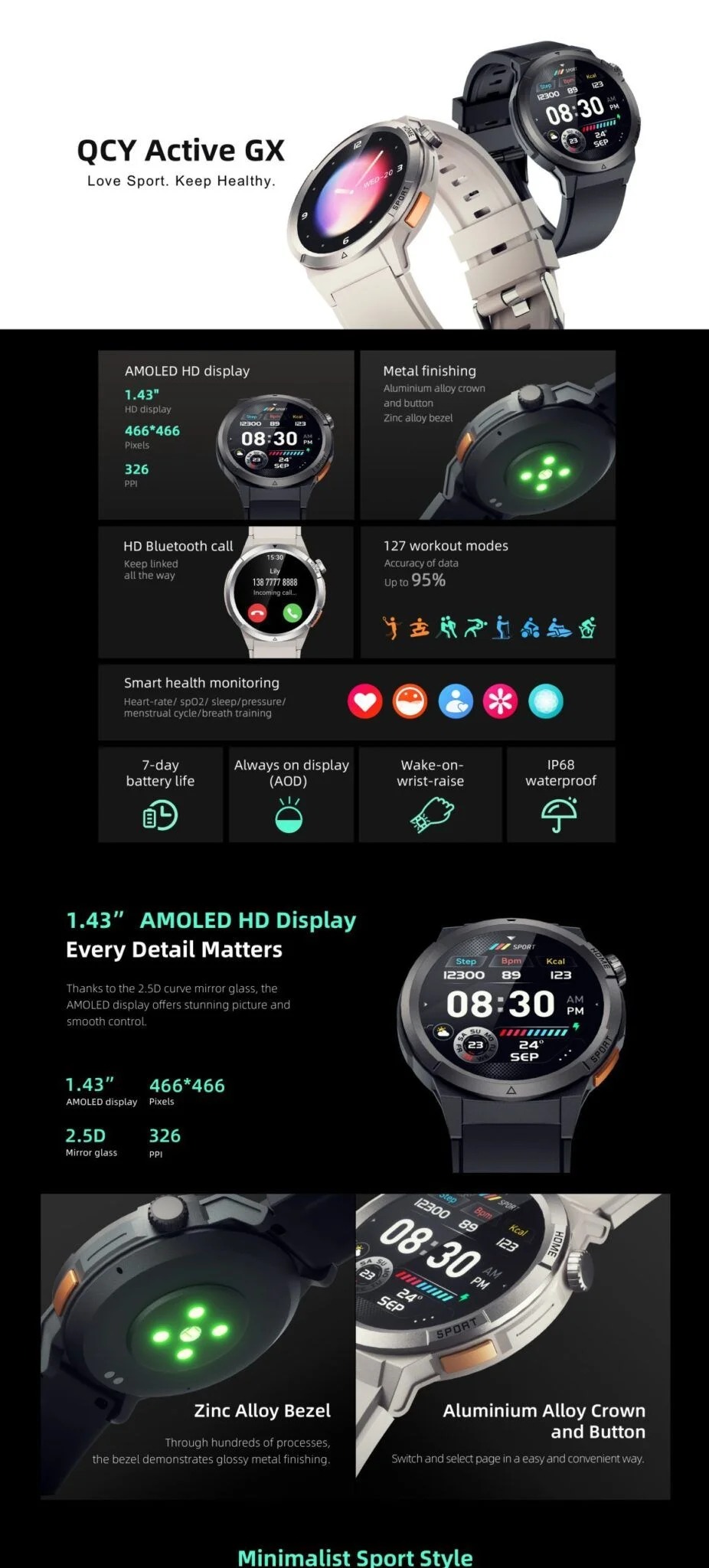 QCY Active GX Smartwatch, AOD AMOLED Display, Bluetooth Calling, Waterproof, App Connectivity, Sports Smart Watch. 