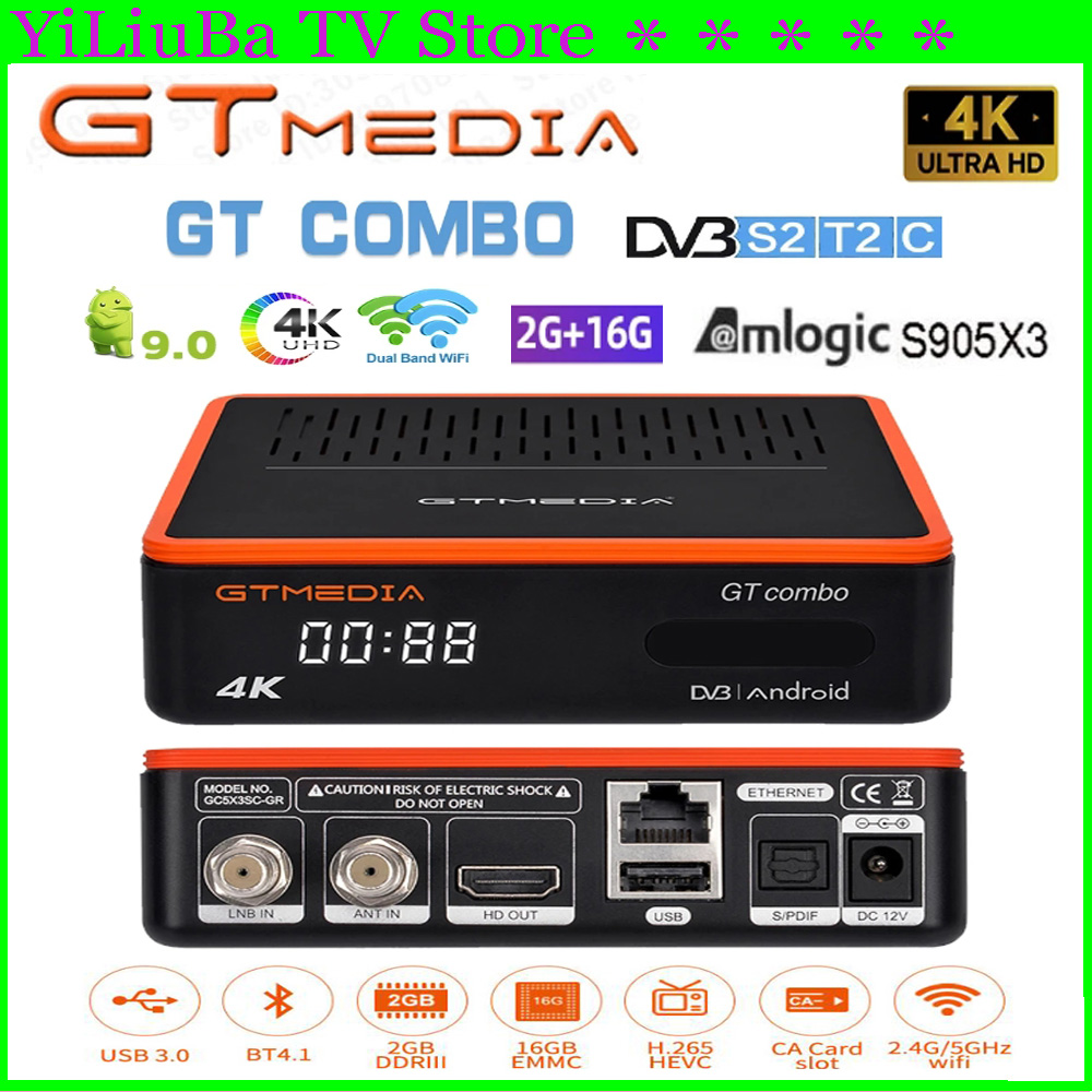 [Oryginalne] GTMEDIA GT COMBO 4K UHD satelitarny odbiornik TV DVB-S2/T2/C Android9.0 system 2G + 16GB TV, pudełko BT 4.1 buti w WIFI 2.4G/5G