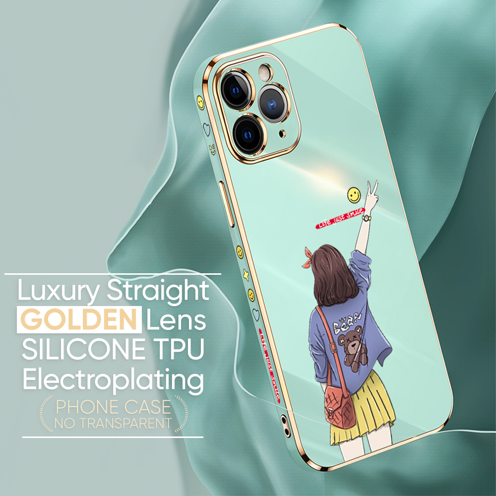 TA for Redmi Note 7 Note 7 Pro Back Cover + Free Lanyard Happy Girl Luxury 6D Plating Case Side Pattern Soft Silicone Square Phone Cases. 