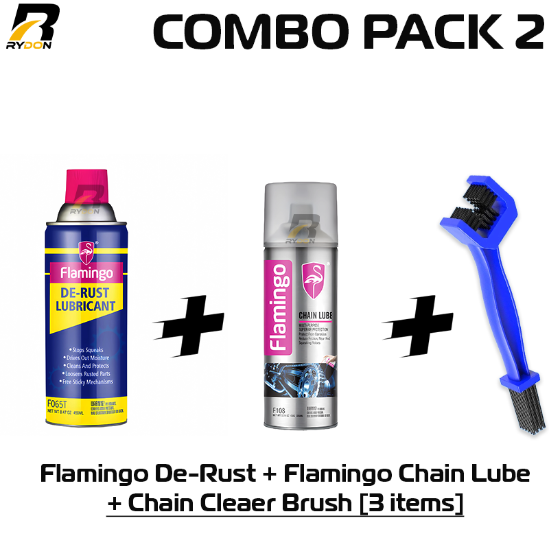 Flamingo Chain Lube 220ml + Chain Brush (Random Color) + Gladiator Rust Spray 450ml | Complete Motorcycle & Bicycle Maintenance Kit | Chain Cleaner, Lubricant, Rust Remover & Corrosion Protection Combo