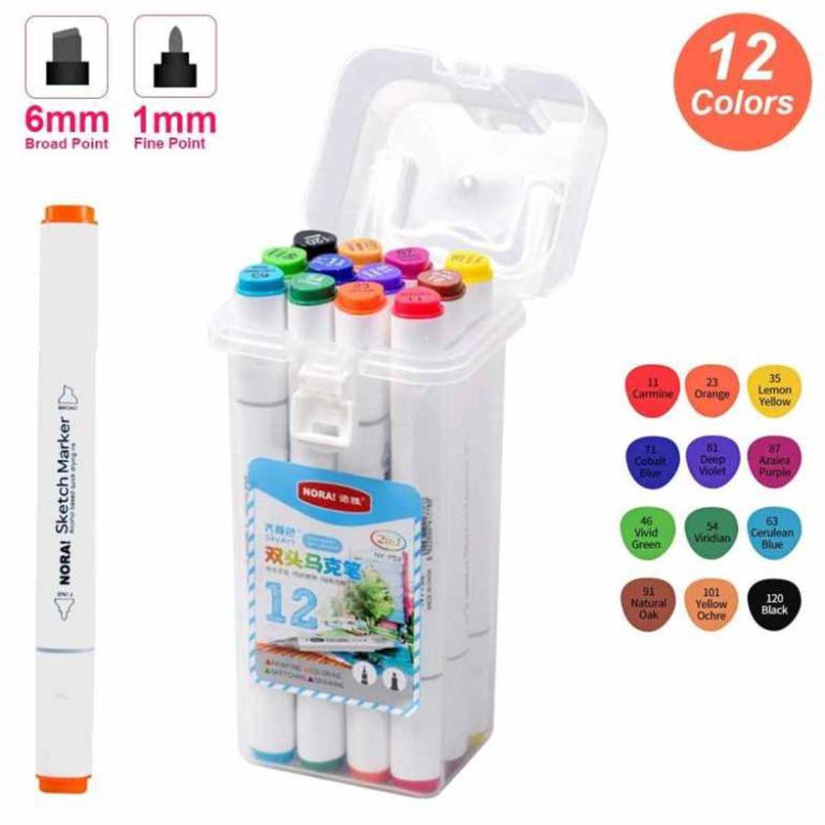12 Colours Art Markers Pen Dual Tip Colouring Pens Highlighter Pen Set with Case for Kids Adults Anime Drawing, Sketching, Painting Beginners