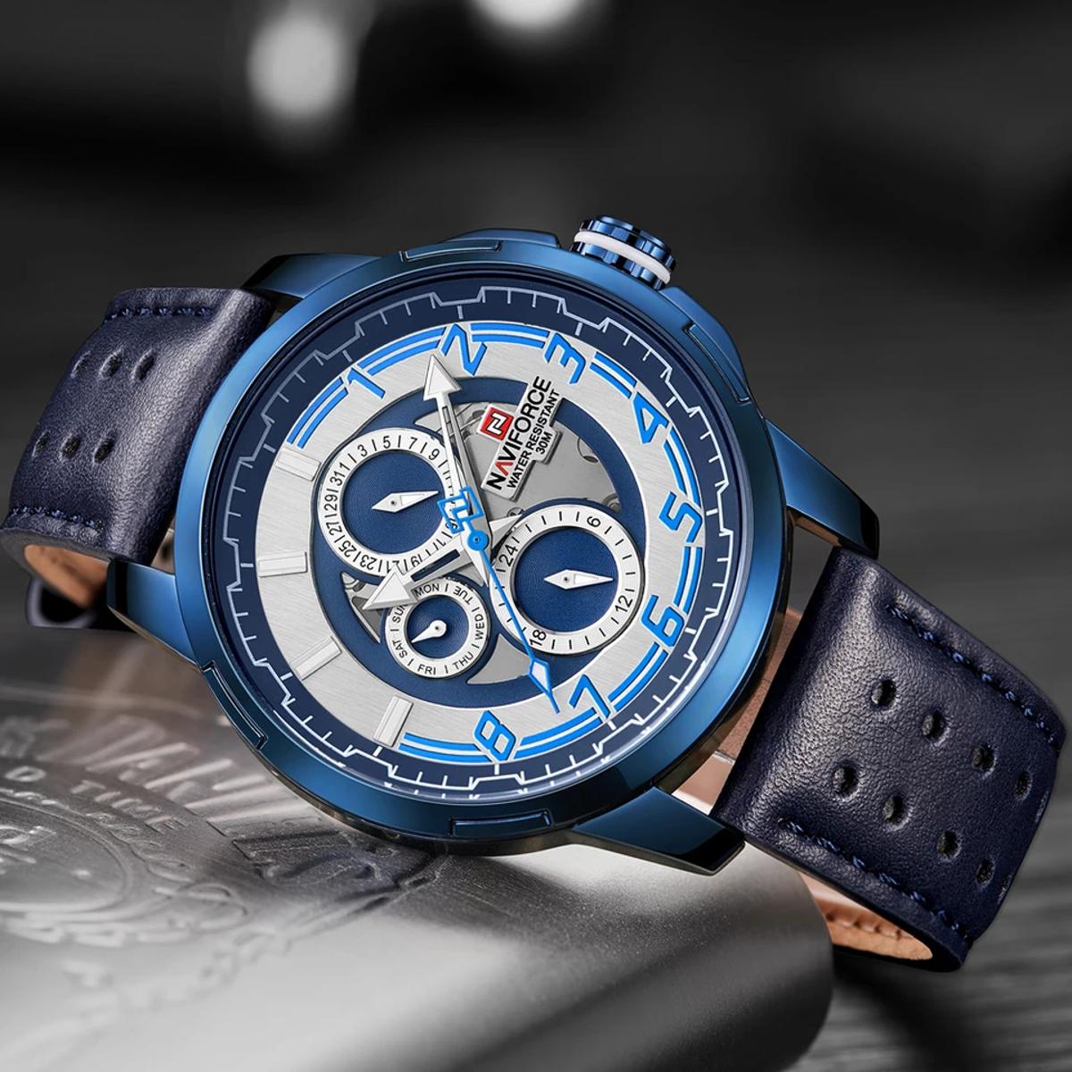 NAVIFORCE NF9142 Royal Blue PU Leather Chronograph Watch For Men