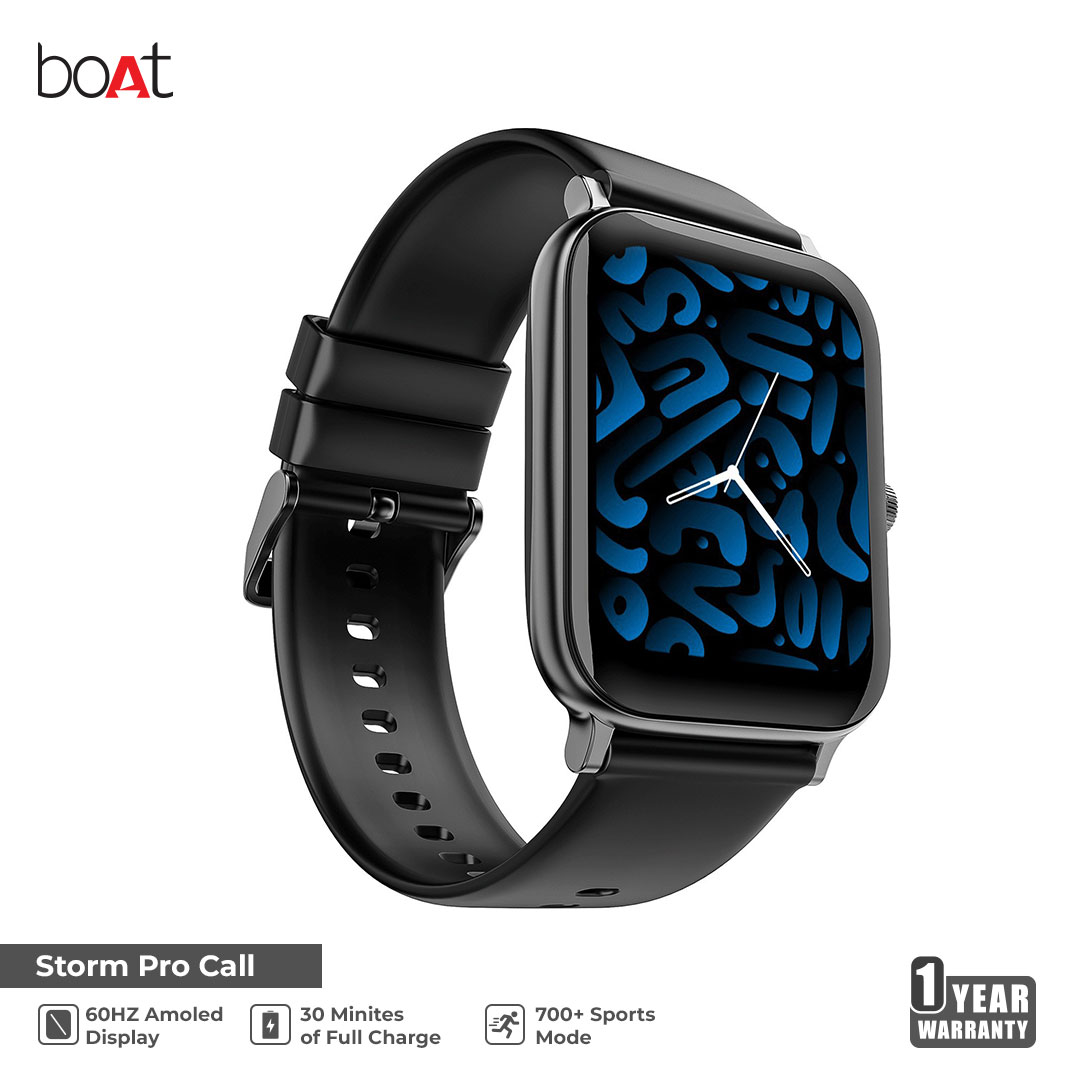 boAt Storm Pro Call features 700 sports modes in a sleek 46g design, boasting a stunning 1.78” 2.5D curved AMOLED screen and a smooth 60Hz display.. 
